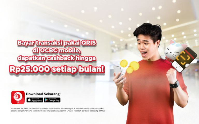 Bayar transaksi pakai QRIS di OCBC mobile, dapatkan cashback hingga Rp25.000 setiap bulan!